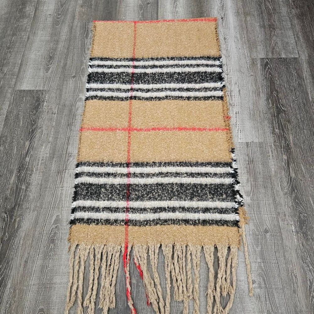 Soft Cozy Chunky Knit Plaid Print Fringe Trim Oversized Scarf